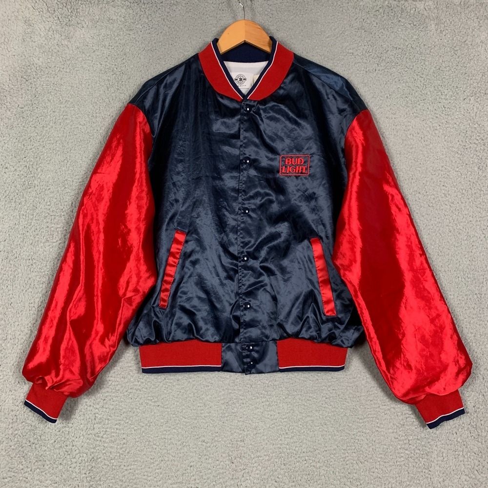 Vintage Bud Light Satin Bomber Jacket Mens XXL 2XL Navy/Red Snap USA VTG 80s 90s